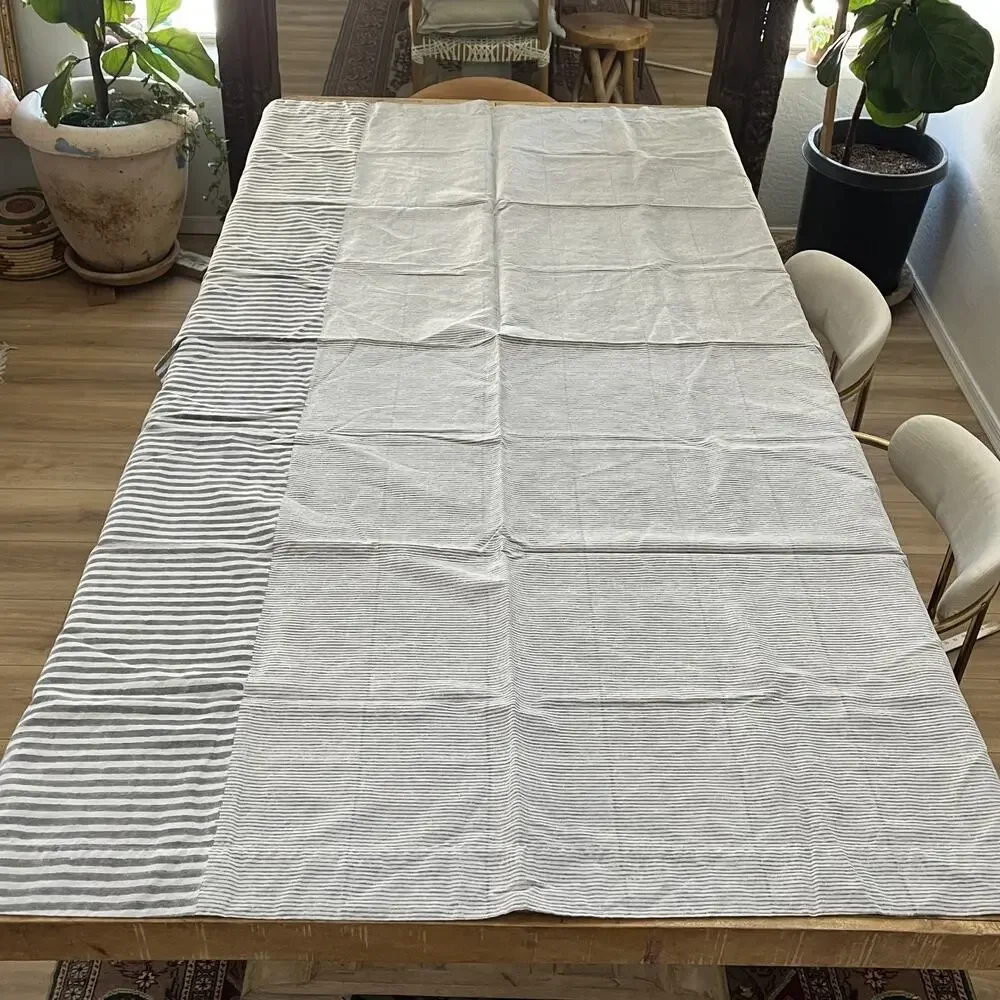 4 CB2 Block Printed Stripe Panel Gray Linen Blend Curtains 48